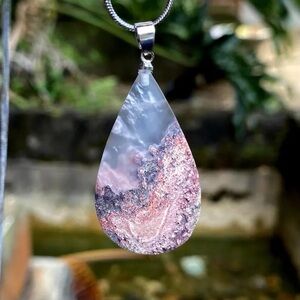 Moss Agate Pendant – Natural Teardrop Gemstone Necklace, 43 x 22 x 4 mm